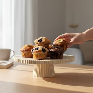 May include: A round, cream-colored cake stand with a fluted, ribbed design on the base and rim, holding a variety of muffins including blueberry, banana, and chocolate flavors, arranged on a wooden surface with a ceramic mug and a book nearby.