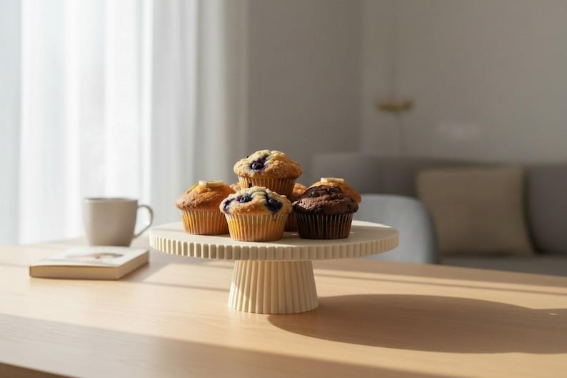 Modern Pedestal Cake Stand, Ribbed Dessert Display Plate, Minimalist Kitchen Serveware image 2