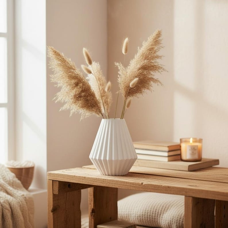 Geometric Ribbed Vase, Modern Minimalist Flower Vase, Sculptural Home Decor image 4