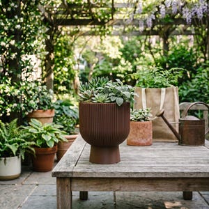 Sereno Ribbed Pedestal Planter, Modern Indoor Plant Pot with Drainage, Minimalist Home Decor image 6