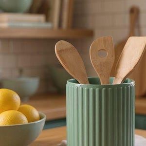Ribbed Utensil Holder Crock: Modern Kitchen Counter Organizer — side angle, 3D printed home decor made in Malta
