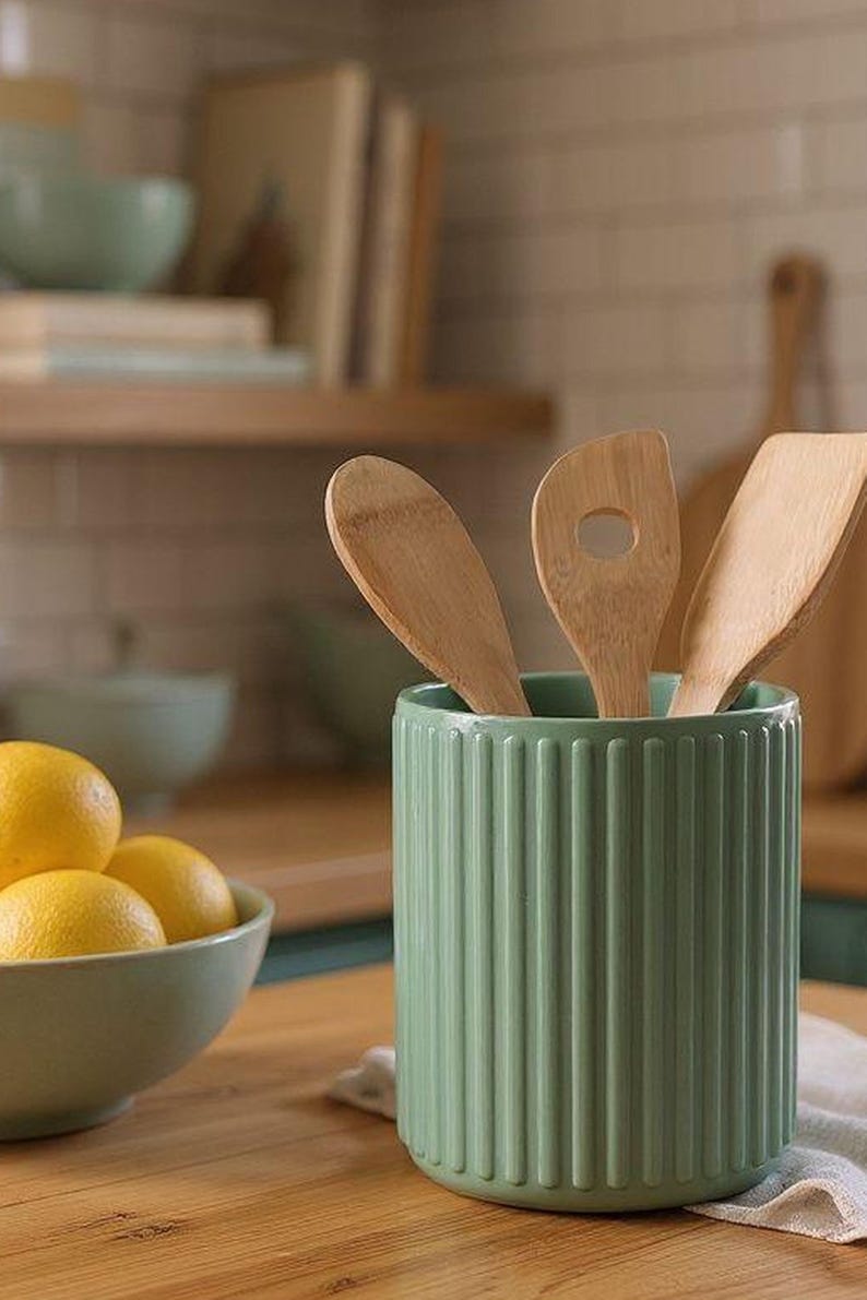 Ribbed Utensil Holder Crock: Modern Kitchen Counter Organizer — side angle, 3D printed home decor made in Malta