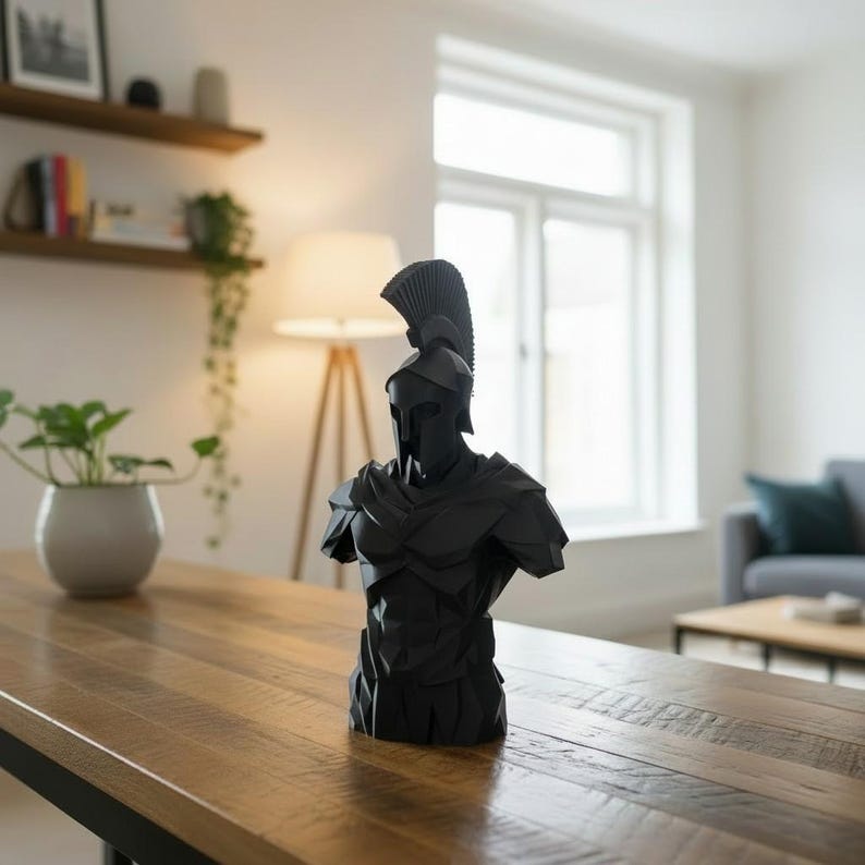 Low Poly Spartan Warrior Bust – Geometric Greek Helmet Statue, Masculine Office Decor image 13