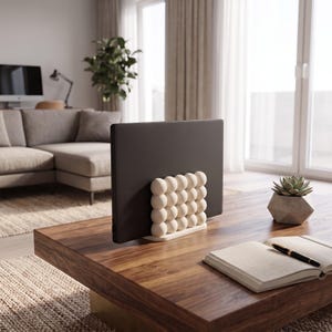 May include: A dark gray laptop held upright by a cream-colored stand featuring a grid of spherical, ball-like shapes. The stand has a flat base and supports the laptop vertically, showcasing a textured, rounded design on its front-facing surface.