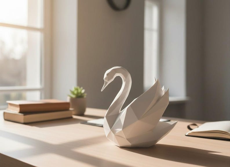 Escultura de cisne de baja poligonalidad, estatua geométrica de pájaro, decoración minimalista blanca. imagen 5
