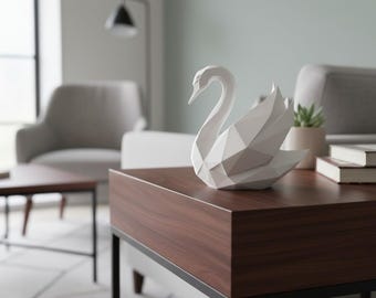 Escultura de cisne de baja poligonalidad, estatua geométrica de pájaro, decoración minimalista blanca.
