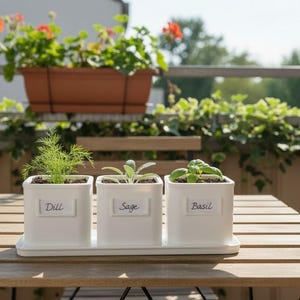 May include: Three white square ceramic planters on a matching rectangular tray. Each planter features a white label with black text reading Dill, Sage, and Basil. The pots contain green dill, sage, and basil plants, arranged in a row on a wooden table.