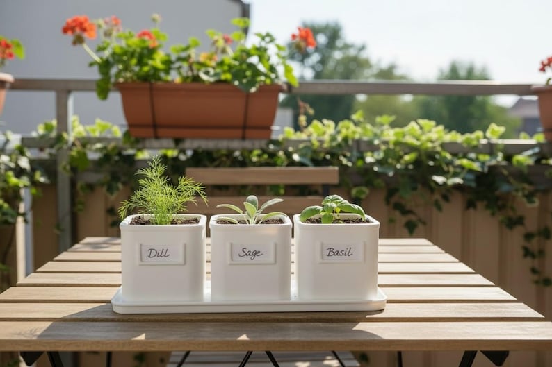 May include: Three white square ceramic planters on a matching rectangular tray. Each planter features a white label with black text reading Dill, Sage, and Basil. The pots contain green dill, sage, and basil plants, arranged in a row on a wooden table.