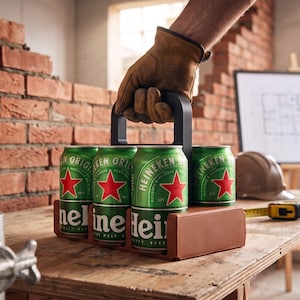May include: A plastic carrier holding four green Heineken beer cans with a central black handle. The carrier is brown and features the Heineken logo with a red star on each can. The cans are arranged in a two-by-two grid, and the carrier has a sturdy, ergonomic handle for easy transport.