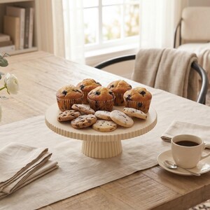 May include: A cream-colored, fluted ceramic cake stand holds a collection of blueberry muffins and chocolate chip cookies. The stand features a circular top and a pedestal base, providing a raised display for the baked goods on a wooden table.