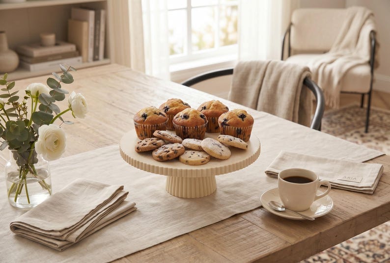 May include: A cream-colored, fluted ceramic cake stand holds a collection of blueberry muffins and chocolate chip cookies. The stand features a circular top and a pedestal base, providing a raised display for the baked goods on a wooden table.