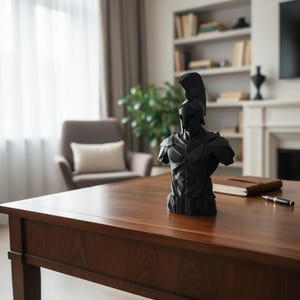 Low Poly Spartan Warrior Bust – Geometric Greek Helmet Statue, Masculine Office Decor image 19