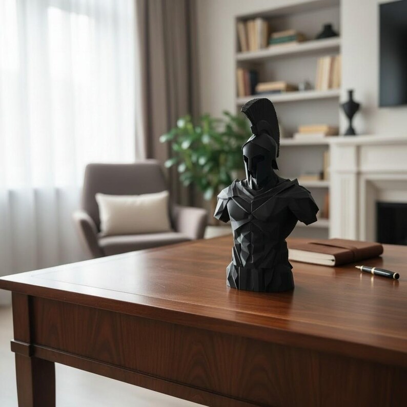 Low Poly Spartan Warrior Bust – Geometric Greek Helmet Statue, Masculine Office Decor image 19