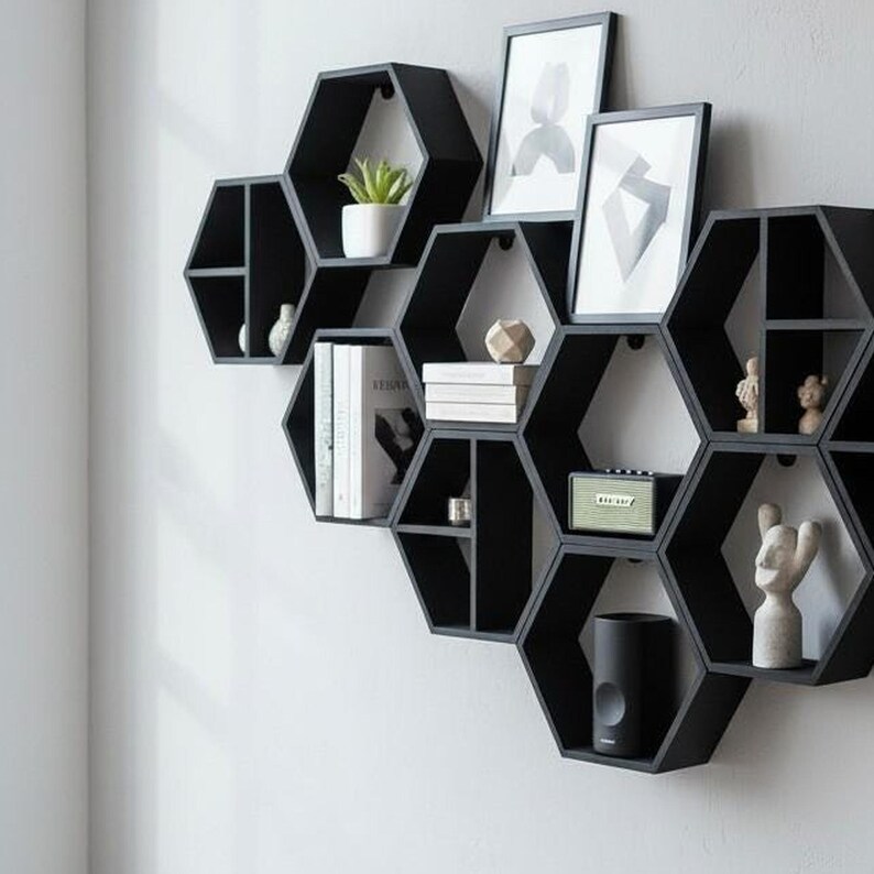 Five-Piece Hexagon Floating Shelf Set: Honeycomb Wall Display — side angle, 3D printed home decor made in Malta