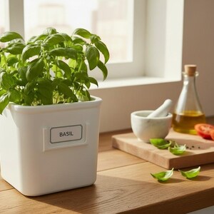 May include: A square white ceramic planter containing a vibrant green basil plant with a label reading BASIL. Nearby, a marble mortar and pestle, a glass bottle of golden olive oil, and sliced red tomatoes rest on a wooden cutting board.