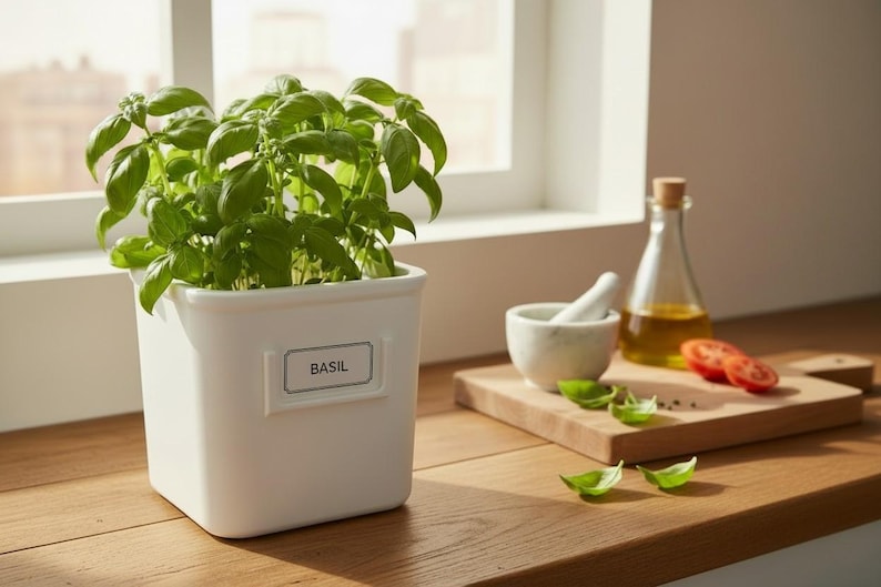 May include: A square white ceramic planter containing a vibrant green basil plant with a label reading BASIL. Nearby, a marble mortar and pestle, a glass bottle of golden olive oil, and sliced red tomatoes rest on a wooden cutting board.