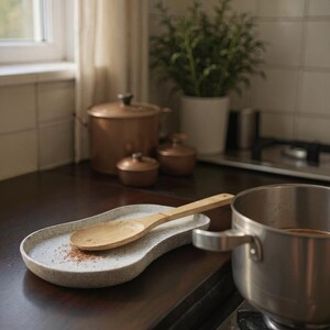 May include: An oval-shaped, speckled off-white ceramic tray with a light brown wooden spoon resting on its surface. The tray features a slightly irregular, organic edge and a smooth, matte finish, providing a neutral base for kitchen utensils.