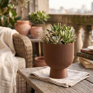 Sereno Ribbed Pedestal Planter, Modern Indoor Plant Pot with Drainage, Minimalist Home Decor image 2