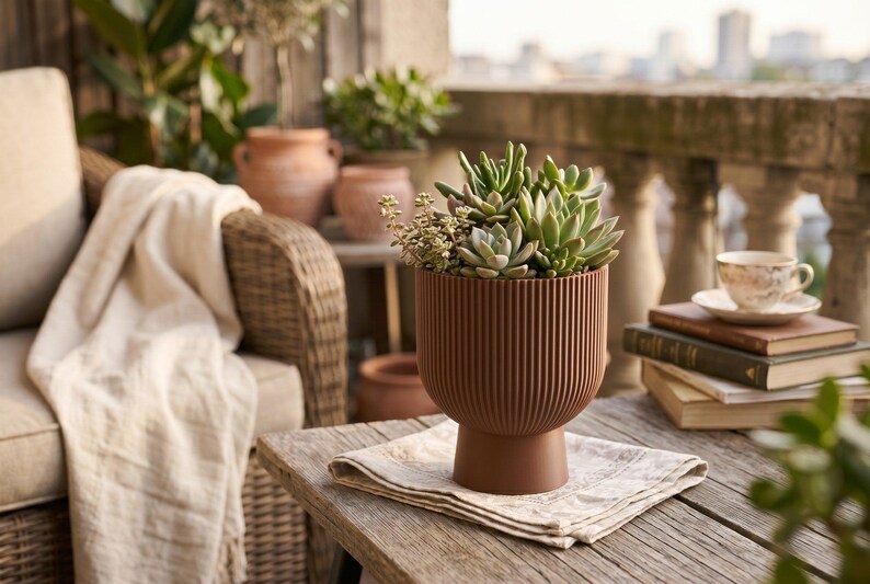 Sereno Ribbed Pedestal Planter, Modern Indoor Plant Pot with Drainage, Minimalist Home Decor image 2