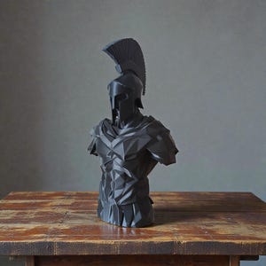 Low Poly Spartan Warrior Bust – Geometric Greek Helmet Statue, Masculine Office Decor image 9