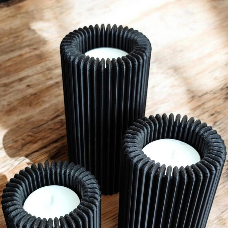 Ribbed LED Candle Holder Set: Flameless Table Decor — close-up detail, 3D printed home decor made in Malta