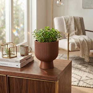 Sereno Ribbed Pedestal Planter, Modern Indoor Plant Pot with Drainage, Minimalist Home Decor image 4