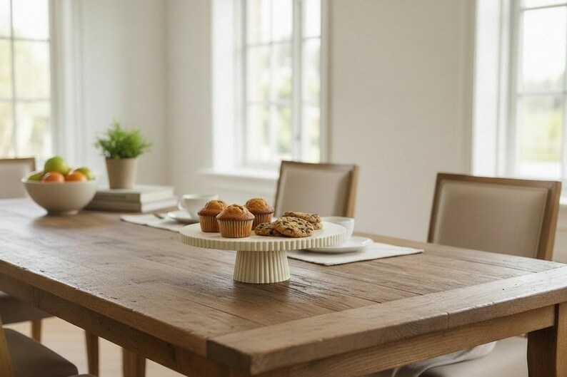 May include: A round, off-white ceramic cake stand with a fluted, ribbed pedestal base and a matching fluted rim. The stand is positioned on a wooden table and holds three golden-brown muffins and two chocolate chip cookies on its flat surface.