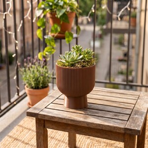 Sereno Ribbed Pedestal Planter, Modern Indoor Plant Pot with Drainage, Minimalist Home Decor image 7
