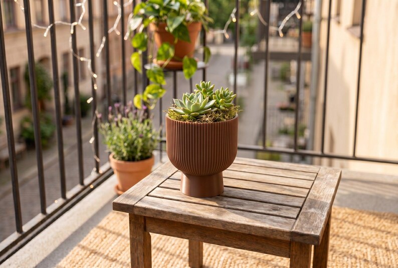 Sereno Ribbed Pedestal Planter, Modern Indoor Plant Pot with Drainage, Minimalist Home Decor image 7