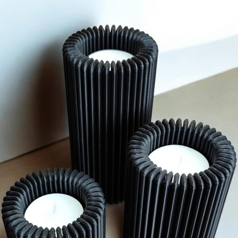 Ribbed LED Candle Holder Set: Flameless Table Decor — view 7, 3D printed home decor made in Malta