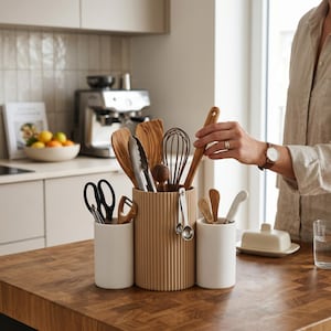 3-Cup Kitchen Utensil Caddy, Countertop Cutlery Organizer, Modern Rotating Flatware Holder for Kitchen image 1