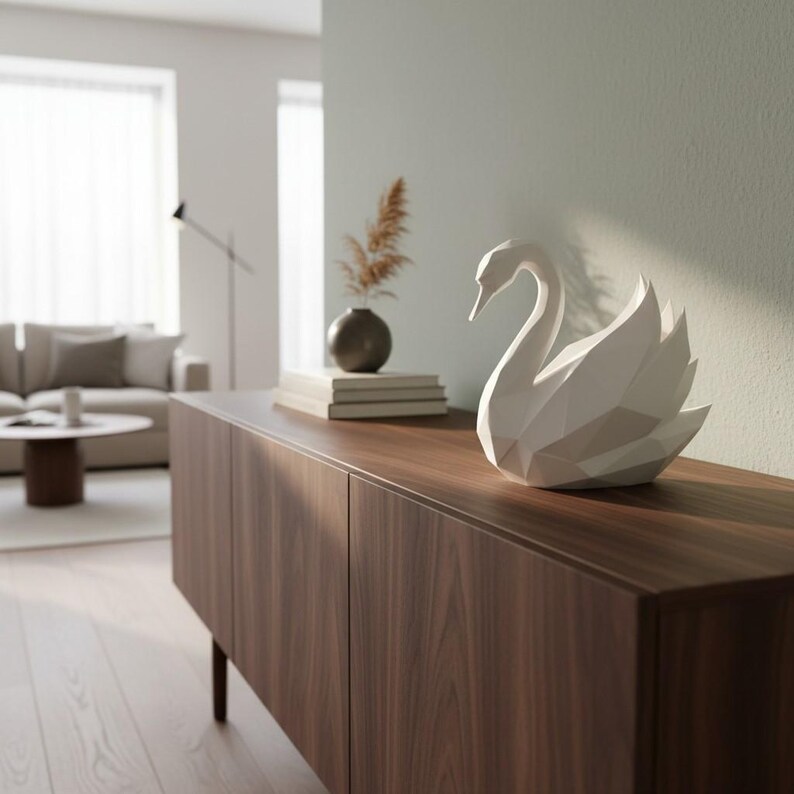 Escultura de cisne de baja poligonalidad, estatua geométrica de pájaro, decoración minimalista blanca. imagen 20