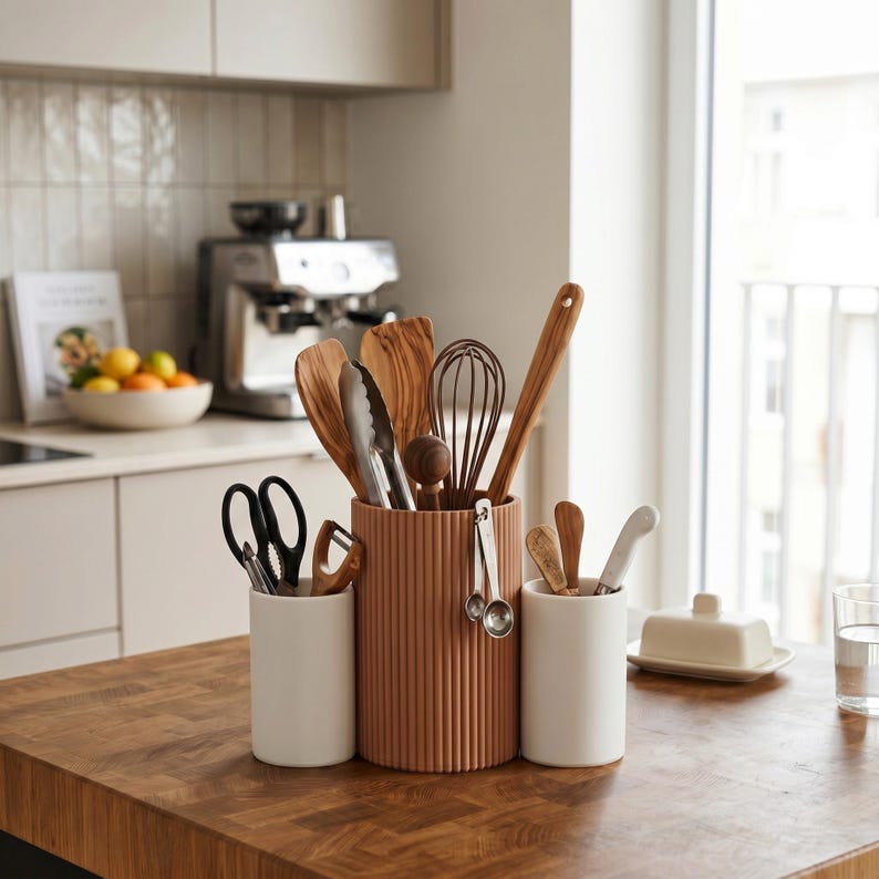 May include: A set of three cylindrical kitchen utensil holders, featuring one large terracotta-colored ribbed holder flanked by two smaller matte white holders, filled with various wooden spoons, metal tongs, a whisk, and measuring spoons.