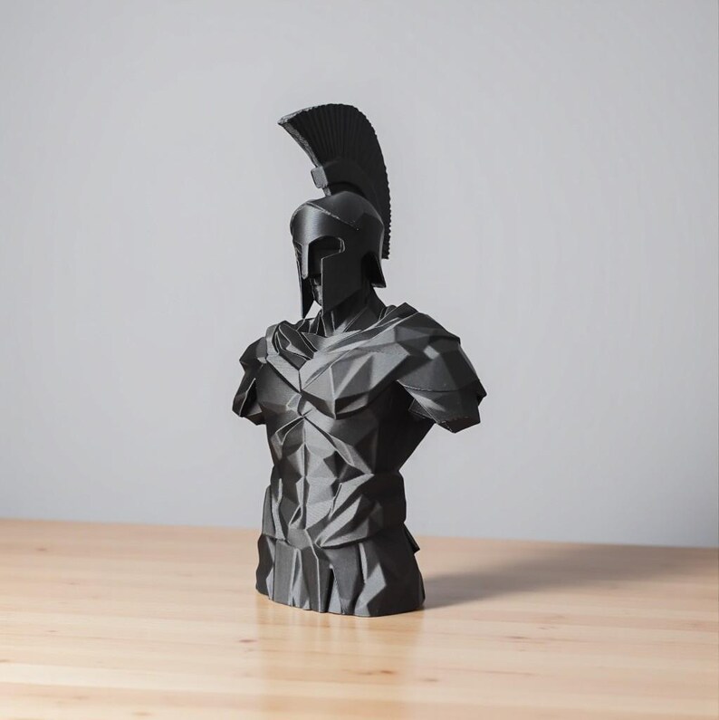 Low Poly Spartan Warrior Bust – Geometric Greek Helmet Statue, Masculine Office Decor image 10