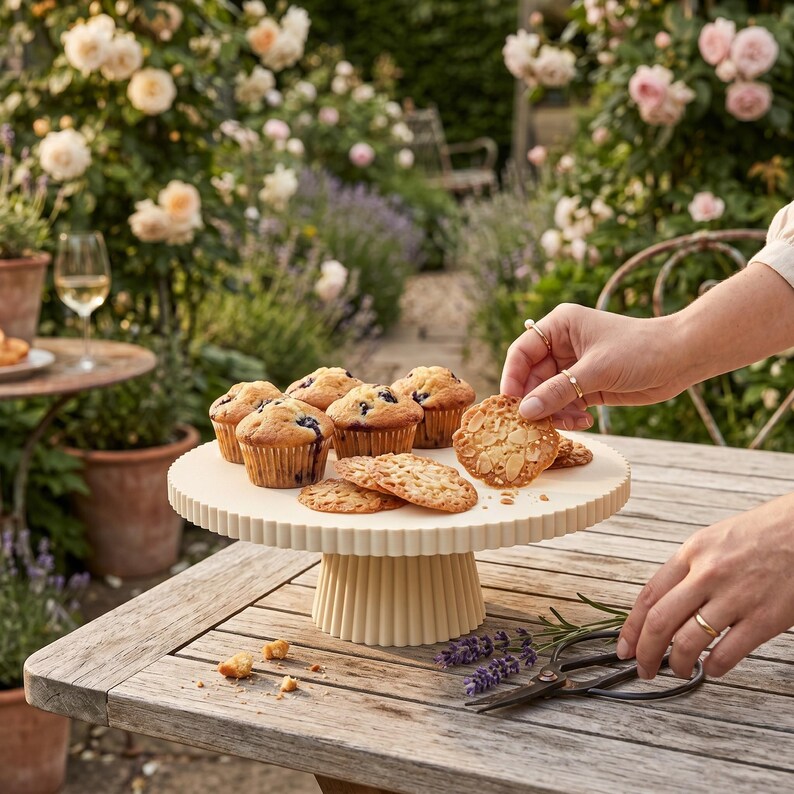May include: A cream-colored, fluted ceramic cake stand holding several blueberry muffins and almond cookies. The stand features a wide, circular top and a thick, ribbed pedestal base, providing a stable surface for the baked goods.