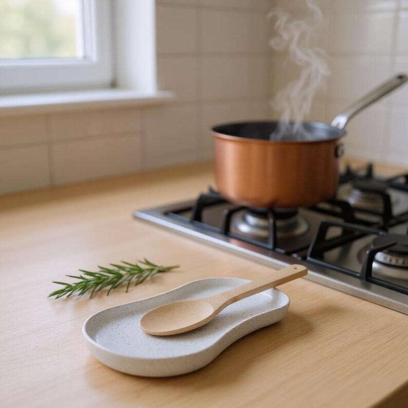 May include: A light-coloured, speckled, oval-shaped ceramic spoon rest holding a wooden spoon, accompanied by a small sprig of green rosemary. In the background, a copper-coloured pot sits on a gas stove with steam rising from it.