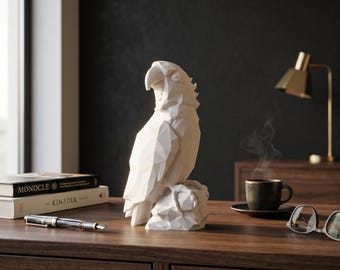 Escultura de loro de baja poligonalidad, estatua geométrica de pájaro, decoración minimalista moderna.