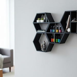 Five-Piece Hexagon Floating Shelf Set: Honeycomb Wall Display — top view, 3D printed home decor made in Malta