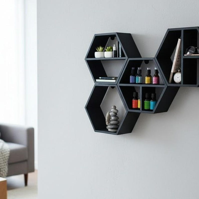 Five-Piece Hexagon Floating Shelf Set: Honeycomb Wall Display — top view, 3D printed home decor made in Malta