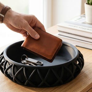 Basket-Style Catchall Tray: Entryway Key and Wallet Organizer — side angle, 3D printed home decor made in Malta