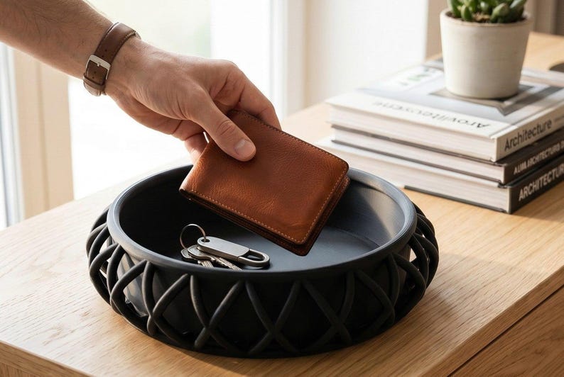 Basket-Style Catchall Tray: Entryway Key and Wallet Organizer — side angle, 3D printed home decor made in Malta