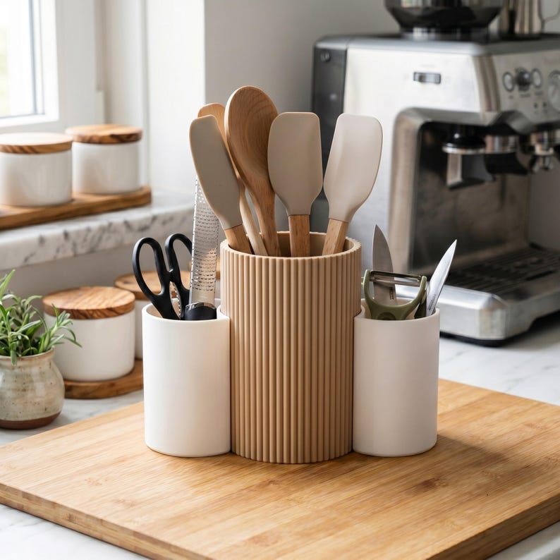 3-Cup Kitchen Utensil Caddy, Countertop Cutlery Organizer, Modern Rotating Flatware Holder for Kitchen image 7