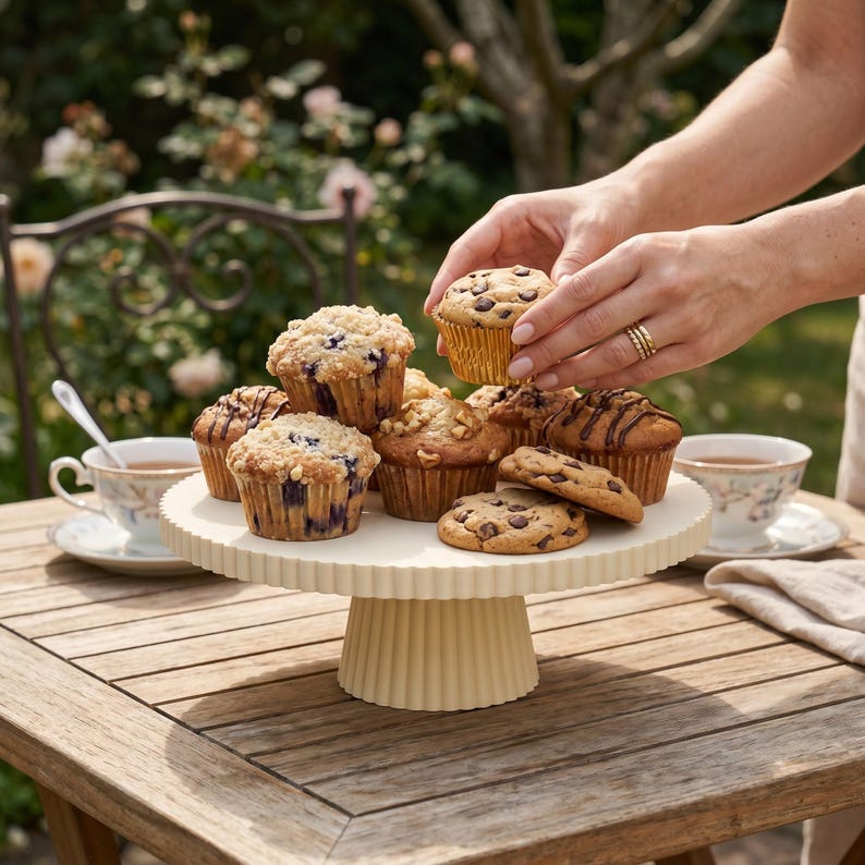 May include: A cream-colored, fluted pedestal cake stand holds an assortment of baked goods, including blueberry muffins, nut-topped muffins, chocolate chip muffins, and chocolate chip cookies, with one muffin being held above the stand.