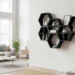 Five-Piece Hexagon Floating Shelf Set: Honeycomb Wall Display — lifestyle view, 3D printed home decor made in Malta