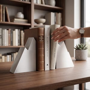 Peut inclure: Une paire de serre-livres en m&eacute;tal blanc en forme de montagne soutenant trois livres intitul&eacute;s The Mountain of California, Kinfolk Home et Norwegian Wood. Les serre-livres ont un design lisse et angulaire sur une surface en bois sombre.