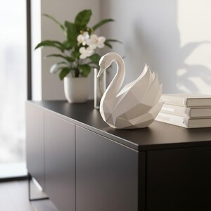 Escultura de cisne de baja poligonalidad, estatua geométrica de pájaro, decoración minimalista blanca. imagen 19