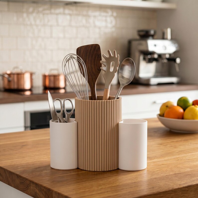 May include: A kitchen utensil holder featuring a tall, central beige cylinder with a vertical ribbed texture flanked by two smaller, smooth white cylindrical containers. The central holder contains a wire whisk, a wooden spatula, a pasta server, and a metal spoon, while the side container holds a knife and kitchen shears.
