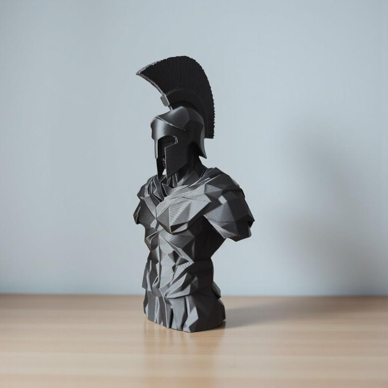 Low Poly Spartan Warrior Bust – Geometric Greek Helmet Statue, Masculine Office Decor image 2