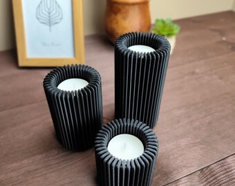 Ribbed LED Candle Holder Set, Modern Minimalist Table Centrepiece, Scandinavian Decor