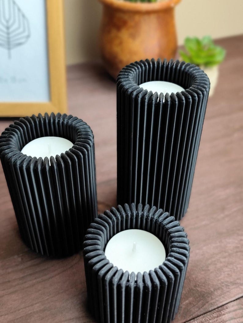 Ribbed LED Candle Holder Set: Flameless Table Decor — close-up detail, 3D printed home decor made in Malta